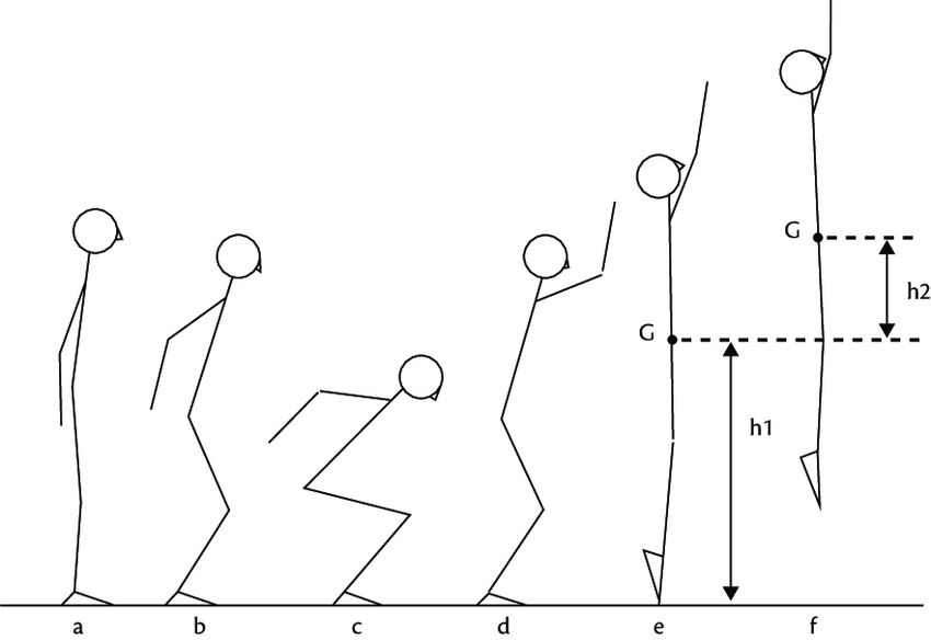Stick figure sequence of a countermovement vertical jump from a standing position a